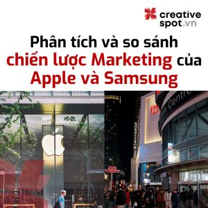 Hình ảnh đối lập 2 cửa hàng của Apple và Samsung, trong khi cửa hàng Apple đặt riêng lẻ thì Samsung đặt cửa hàng tại các trung tâm mua sắm cùng các thương hiệu tiêu dùng khác.